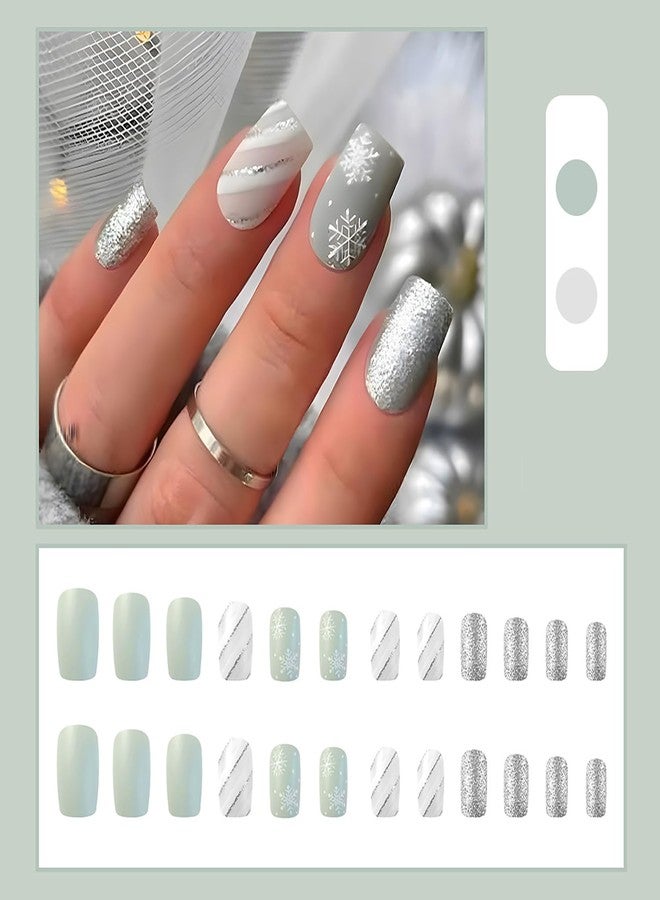 GRITOSE 24Pcs Christmas Press on Nails Short Square Fake Nails Glitter Snowflake Press on Nails Matte Full Cover Nails Press Christmas False Nails Holiday Xmas Glue on Nail Reusable Stick on Nail for Women - Image 2